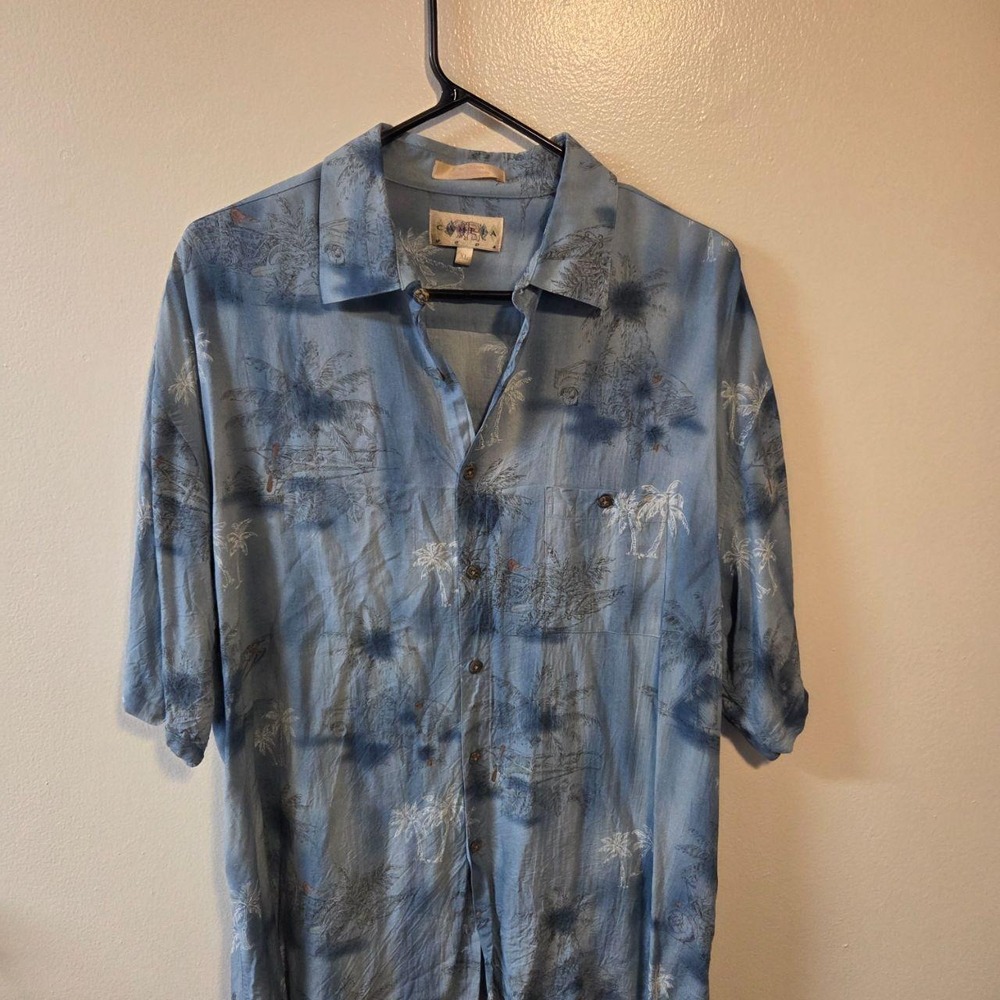 Campia Moda Mens XL Blue Rayon Palm Tree Tropical Hawaiian Button Down Shirt